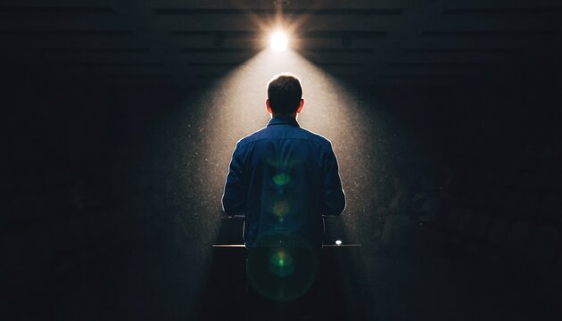 Man in blue shirt stands in spotlight, facing away from camera
