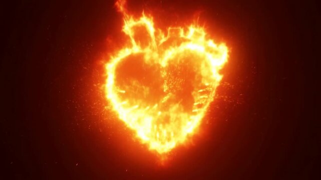 Slow motion zoom tracking static shot of burning heart symbol forming glowing and intensifying against dark studio background close up