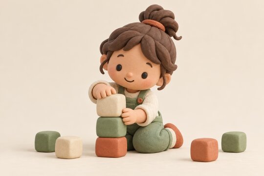 Cute clay girl with hair bun stacking colorful wooden blocks, concept of early childhood development, play and learning