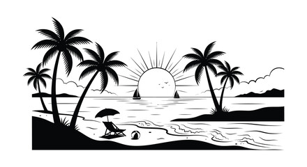 Fototapeta premium Tropical beach scene with palm trees and sailboats black silhouette style