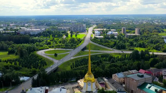 Rybinsk, Russia. Spaso-Transfiguration Cathedral (Cathedral of the Transfiguration of the Lord) in Rybinsk. Drone footage, Departure of the camera