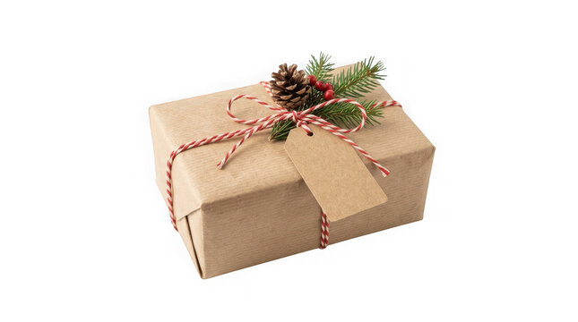 Gift box wrapped in brown craft paper with red and white twine, pine sprig, and berries isolated on transparent background