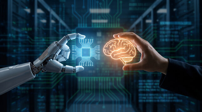 Futuristic artificial intelligence robotic hand touching human brain icon symbolizing advanced machine learning technology concept in modern data center