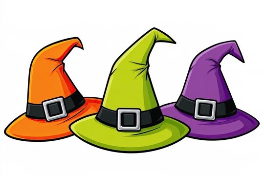 Three Colorful Halloween Witch Hats with Curved Peaks, Black Bands, and Silver Buckles Arranged Together as a Whimsical Cartoon Illustration on White Background