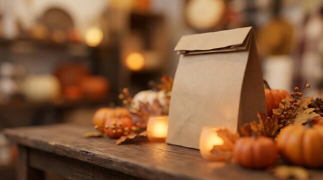 Brown paper take away bag on wooden table with autumn pumpkins and candles