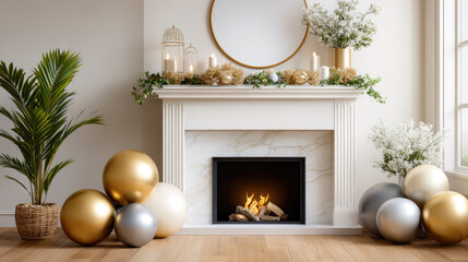 Obraz premium Elegant christmas living room interior featuring a decorated fireplace. Sparkling golden and silver balloons. Glowing candles. And festive garlands