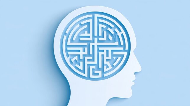 Human head silhouette with circular maze design inside the brain area on a blue background, conceptual illustration of thought and problem solving