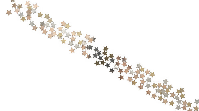 Scattered metallic star confetti isolated on transparent background