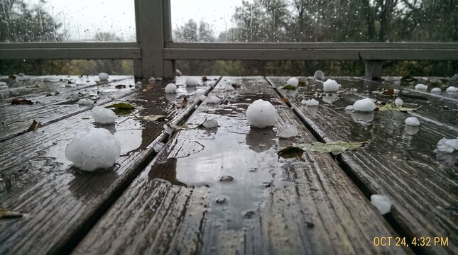 Large hailstones scattered on a wet wooden deck floor after a heavy severe hailstorm with timestamp in the corner.