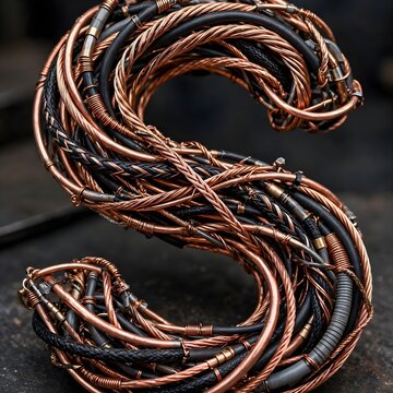 Braided Copper Wires and Black Electrical Cables Forming Alphabet Letter S Shape Industrial Tech Background