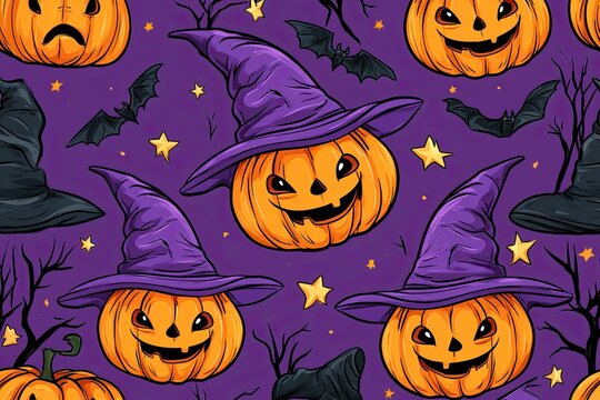 Seamless Halloween pattern with cheerful jack o lanterns wearing purple witch hats among bats stars and dark branches in a colorful illustrated festive background