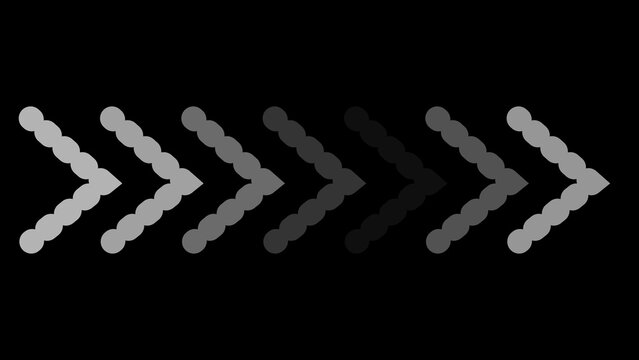 A horizontal sequence of seven chevron arrows made of connected circles, transitioning from light gray to dark gray, isolated on a black background, for directional signage, and progress indicators