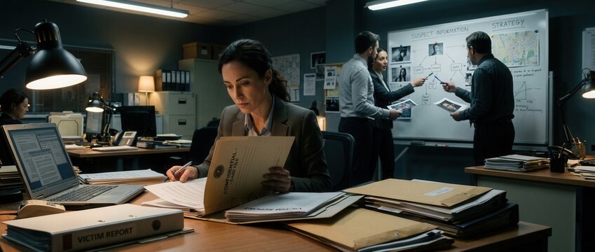 Detective team analyzing evidence at crime scene investigation board in dark office
