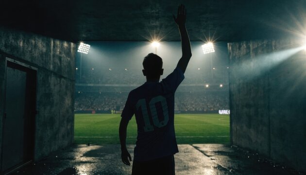 Soccer player in silhouette waves from stadium tunnel entrance