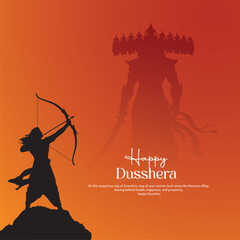 Happy Dussehra Greeting Banner with Silhouette of Lord Rama and Demon King Ravana Vijayadashami Social Media Post Design © Akanksha