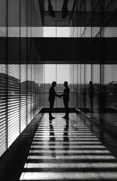 Two silhouetted figures shake hands in a modern building with blinds