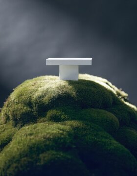 White geometric pedestal on mossy mound with dark background