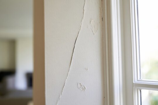 Close up of cracked white painted interior wall beside a bright white window with textured plaster and blurred adjoining room in residential home interior