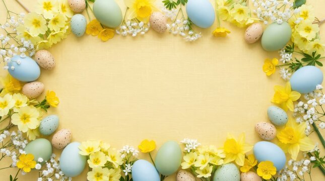 Spring easter eggs and daffodils frame on yellow