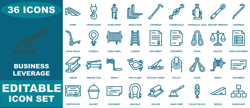 Business leverage and industrial equipment icon set featuring thirty-six editable outline symbols for lifting, construction, and logistics