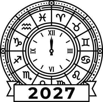 Zodiac clock with 2027 banner, minimalist black and white vector illustration for New Year celebration designs