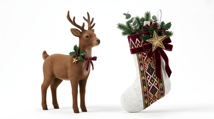 Fototapeta premium Christmas reindeer figurine and ornate holiday stocking