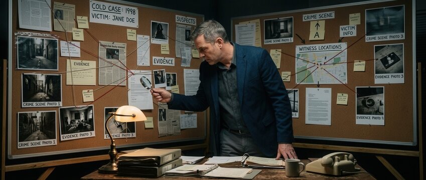 Detective Examining Investigation Board with Photos Maps and Red String Connections