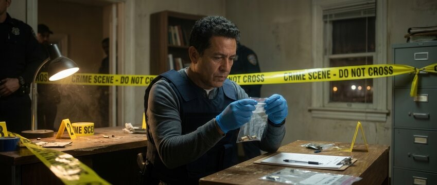 Detective examines evidence bag at crime scene tape in dimly lit office forensic investigation concept