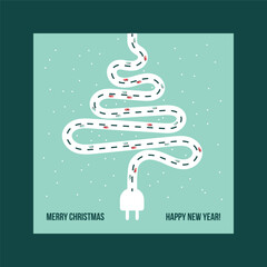 Fototapeta premium Electric vehicles driving on a winding road shaped like a Christmas tree, connecting to a power plug, representing sustainable holiday travel and green energy concepts for the festive season