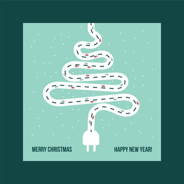Electric vehicles driving on a winding road shaped like a Christmas tree, connecting to a power plug, representing sustainable holiday travel and green energy concepts for the festive season