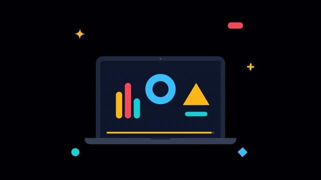 Animated flat laptop icons displaying data on transparent background. 4K Alpha Channel