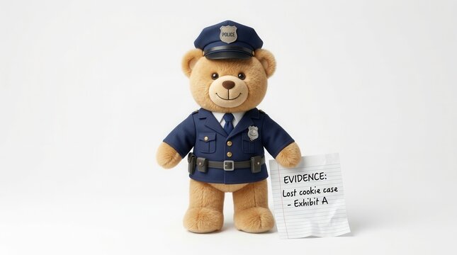 Cute Teddy Bear Police Officer Holding Last Cookie Case Evidence Exhibit A Note