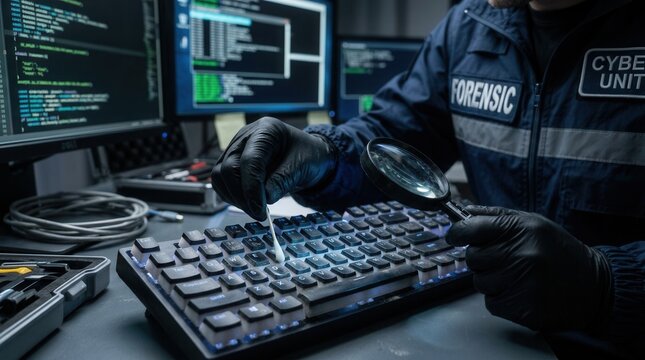 Cyber Forensic Investigator Examining Keyboard with Magnifying Glass Analyzing Digital Evidence in Dark Room with Computer Screens