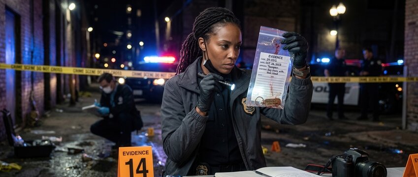 Detective examining evidence bag at crime scene with police car and tape in background at night