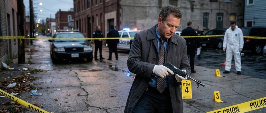 Detective examines crime scene evidence gun and yellow police tape in urban alley with police cars and forensic team