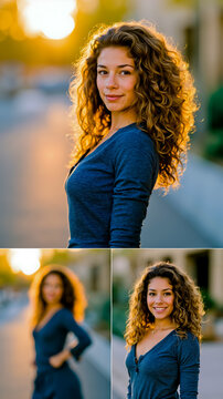 A collage of three photos featuring a woman with curly hair wearing a blue top smiling and posing in different lighting conditions