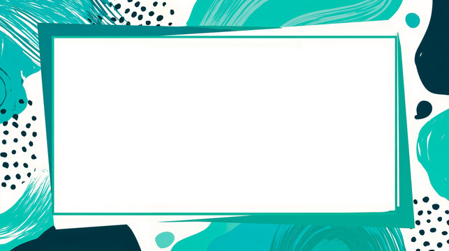 A digital art piece featuring a white square with a black border set against a background of abstract shapes and patterns in shades of blue and teal