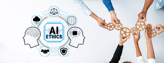 Obraz premium Hands Collaborating Around Gears Symbolizing AI Ethics with Diverse Thoughts and Concepts Represented by Icons and Graphics Fluxor.