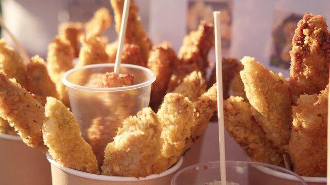 Golden fried meat snacks stand upright in cups during busy carnival event. Delicious hot street food portions provide quick bites for people enjoying sunny weekend outdoor culinary fair.