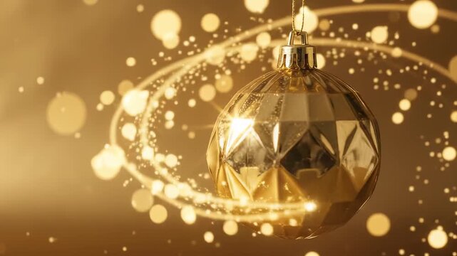 A faceted gold Christmas ornament hangs against a warm golden backdrop, its reflective surface catching light flares and sparkling particles. Podcast cover for holiday music or
