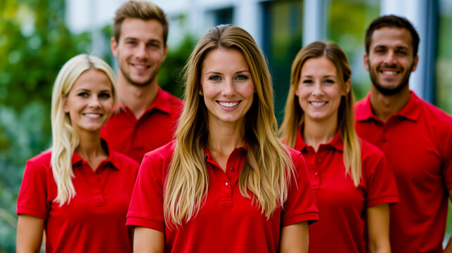 A group of five people all wearing red shirts smiling and posing together