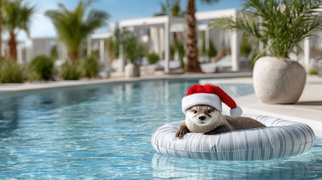 Otter enjoying a warm christmas vacation, floating in a swimming pool on an inflatable ring while wearing a festive santa hat at a sunny tropical resort