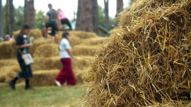Close up shows dry hay bale while blurred children climb on straw stacks in background. Kids enjoy active outdoor games during local food festival.