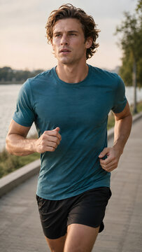 Male runner jogs along a paved waterfront path in a teal shirt and black shorts, holding his arms bent beside his torso with water, distant trees and a softly lit sky visible behind him.