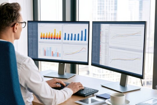 Financial analyst reviewing colorful charts on dual computer monitors at a bright office desk with keyboard, mouse, coffee cup, and city windows