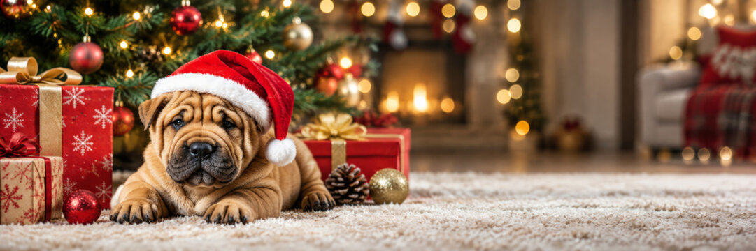 Shar Pei puppy wearing Santa hat beside wrapped gifts and Christmas tree in cozy decorated living room holiday scene