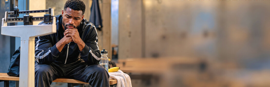 Apprehensive male boxer sitting on locker room bench looking at weight scale. Concept of sports pressure, weight management, eating disorder and mental health in gym setting. Horizontal banner