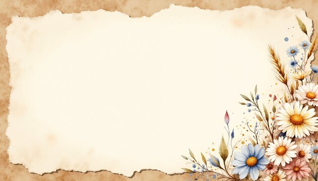 Vintage torn warm sand paper frame with watercolor daisies, blue wildflowers and wheat stalks. Rustic textured antique parchment background with copy space for scrapbooking and junk journal