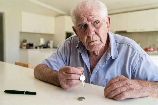 Elderly man holding house keys while sitting at a kitchen table, with coin and pen nearby, thoughtful expression in bright residential interior