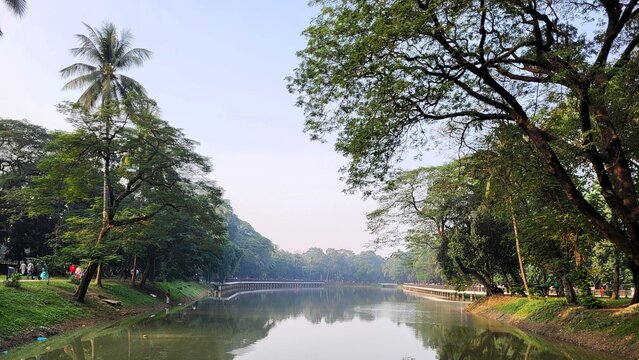 A scenic park view with a calm, narrow lake bordered by lush green trees.